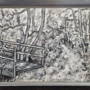Beazell Forest Bridge - By Joe Junker Charcoal and Acrylic on Canvas on Board, 19 x 13 inches (21.1 x 15.6 inches framed), A fleeting glimpse of a quiet place in nature,