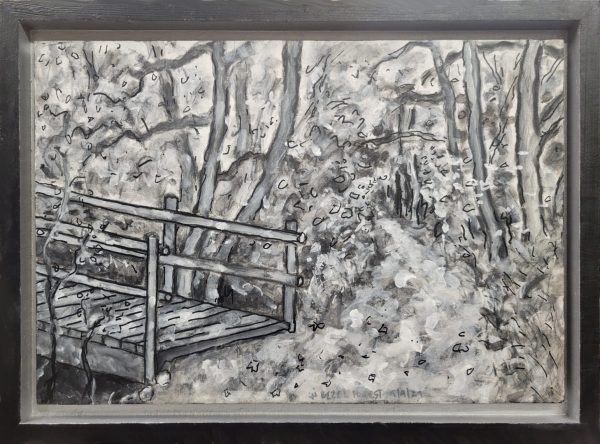 Beazell Forest Bridge - By Joe Junker Charcoal and Acrylic on Canvas on Board, 19 x 13 inches (21.1 x 15.6 inches framed), A fleeting glimpse of a quiet place in nature,