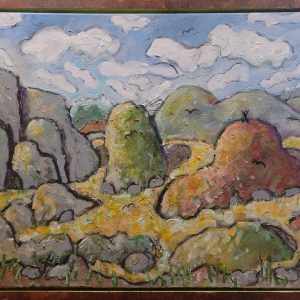 High Plains Vision - By Joe Junker, Acrylic and charcoal on canvas, 28 x 22 inches (29.8 x 21.9 inches framed) An alluring image that captures the soft glow of the desert. The gentle transition of colors creates a calming and enchanting atmosphere.