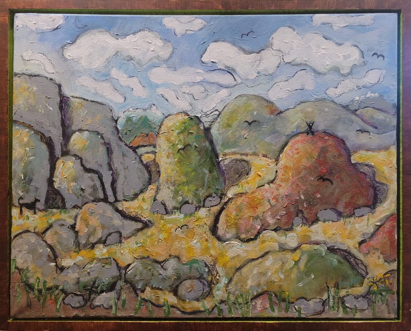 High Plains Vision - By Joe Junker, Acrylic and charcoal on canvas, 28 x 22 inches (29.8 x 21.9 inches framed) An alluring image that captures the soft glow of the desert. The gentle transition of colors creates a calming and enchanting atmosphere.