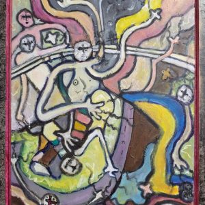 Its Complicated - By Joe Junker, Charcoal and Acrylic on Canvas, 18 x 27 inches ( 20.2 x 26.2 inches framed), A vibrant and dynamic abstract piece with a strong focus on color and gestural lines, featuring a loose, figurative element.