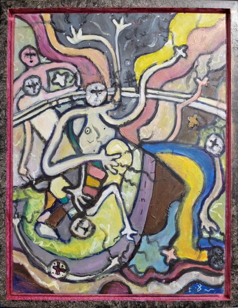 Its Complicated - By Joe Junker, Charcoal and Acrylic on Canvas, 18 x 27 inches ( 20.2 x 26.2 inches framed), A vibrant and dynamic abstract piece with a strong focus on color and gestural lines, featuring a loose, figurative element.