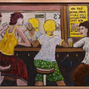 Max's Night Out - By Joe Junker, Mixed Media on Canvas, 36 x 24 inches ( 37.9 x 25.2 inches framed), Painting of a casual, evening focusing on three woman enjoing a casual night out.
