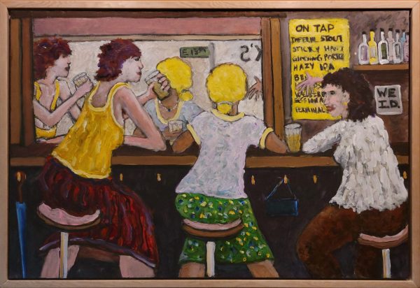 Max's Night Out - By Joe Junker, Mixed Media on Canvas, 36 x 24 inches ( 37.9 x 25.2 inches framed), Painting of a casual, evening focusing on three woman enjoing a casual night out.