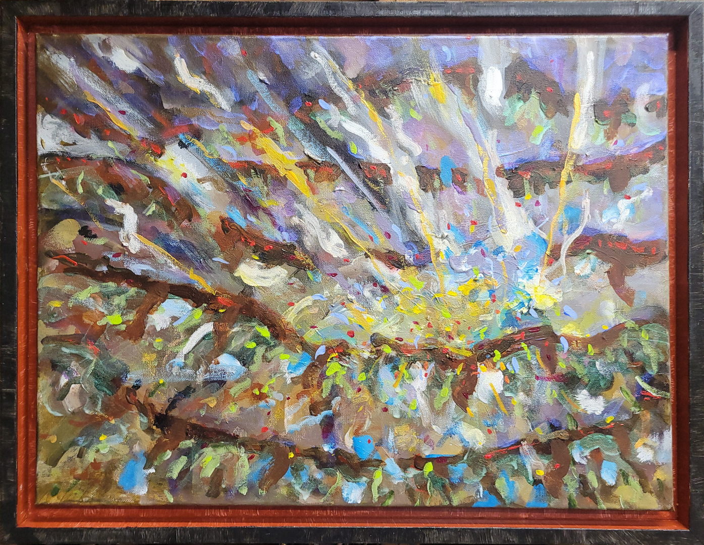 Outburst - By Joe Junker, Acrylic on Canvas, 24 x 18 inches ( 26.4 x 20.4 inches framed), A vibrant and abstract explosion of color and texture, creating a sense of dynamic energy and movement