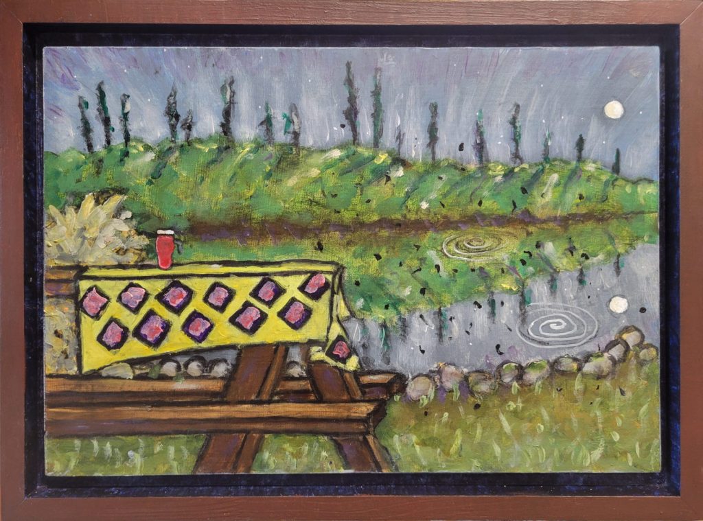 Suttle Lake Insect Dusk- By Joe Junker, Acrylic on Canvas on Board, 19 x 13 inches ( 21.4 x 15.6 inches framed), A whimsical, charming scene imbued with a sense of tranquility and a touch of mystery.