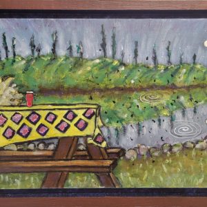 Suttle Lake Insect Dusk- By Joe Junker, Acrylic on Canvas on Board, 19 x 13 inches ( 21.4 x 15.6 inches framed), A whimsical, charming scene imbued with a sense of tranquility and a touch of mystery.