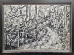 Beazell Forest Bridge Beazell Forest Bridge - By Joe Junker Charcoal and Acrylic on Canvas on Board, 19 x 13 inches (21.1 x 15.6 inches framed), A fleeting glimpse of a quiet place in nature,