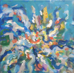 Blue Green Landscape Abstract - By Joe Junker Acrylic on Canvas, 12 x 12 inches
