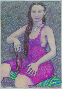 Judy Backwards on Chair Dressed Judy Backwards on Chair Dressed - By Joe Junker, Oil Pastels on Clear Plastic over Charcoal Drawing on Paper, 19 x 25 inches