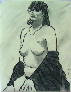 Laura - Flower in Hair Dark Shawl Laura - Flower in Hair Dark Shawl - By Joe Junker, Charcoal on Archival Paper, 19 x 24.5 inches