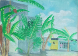 Los Ruins Cabanas at Playa Del Carmen Los Ruins Cabanas at Playa Del Carmen - By Joe Junker, Oil Pastels on Paper, 11.9 x 9 inches