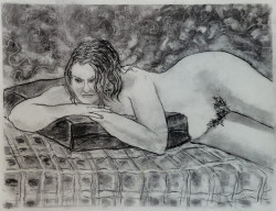 Lucinda Laying Across Pillow with Head on Hands Lucinda Laying Across Pillow with Head on Hands - By Joe Junker, Charcoal on Archival Paper, 25.5 x 19.5 inches