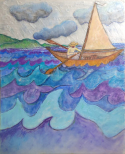 Man in the Hat Sailing - Color Overlay Man in the Hat Sailing - Color Overlay - By Joe Junker, Oil Pastels on Clear Plastic over Charcoal Drawing on 27 x 32.5-inch Paper, 29.2 x 36 inches