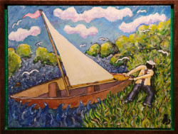 Man in the Hat pulls in his boat Man in the Hat pulls in his boat - By Joe Junker, Mixed Media on Canvas, 24 x 18 inches ( 26.1 x 19.9 inches framed)