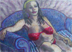Nicki with Headband on Couch #2 Nicki with Headband on Couch #2 - By Joe Junker, Oil Pastels on Clear Plastic over Charcoal Drawing, 30 x 22 inches