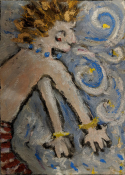 Spikey Blue Breath Spikey Blue Breath - By Joe Junker, Mixed Media on Art Board on Panel, 5 x 7 inches ( 5.8 x 7.5 inches framed