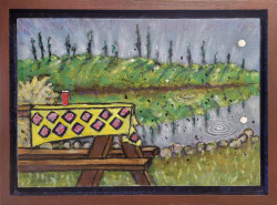 Suttle Lake Insect Dusk Suttle Lake Insect Dusk- By Joe Junker, Acrylic on Canvas on Board, 19 x 13 inches ( 21.4 x 15.6 inches framed), A whimsical, charming scene imbued with a sense of tranquility and a touch of mystery.